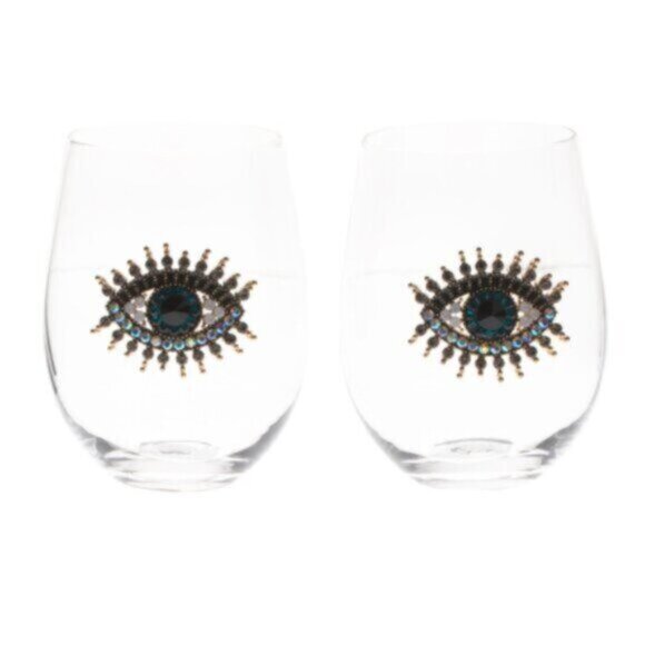 Rachel Zoe 2 Pc Jewel Rhinestone Hamsa Evil Eye Stemless Wine Glasses - Picture 4 of 10